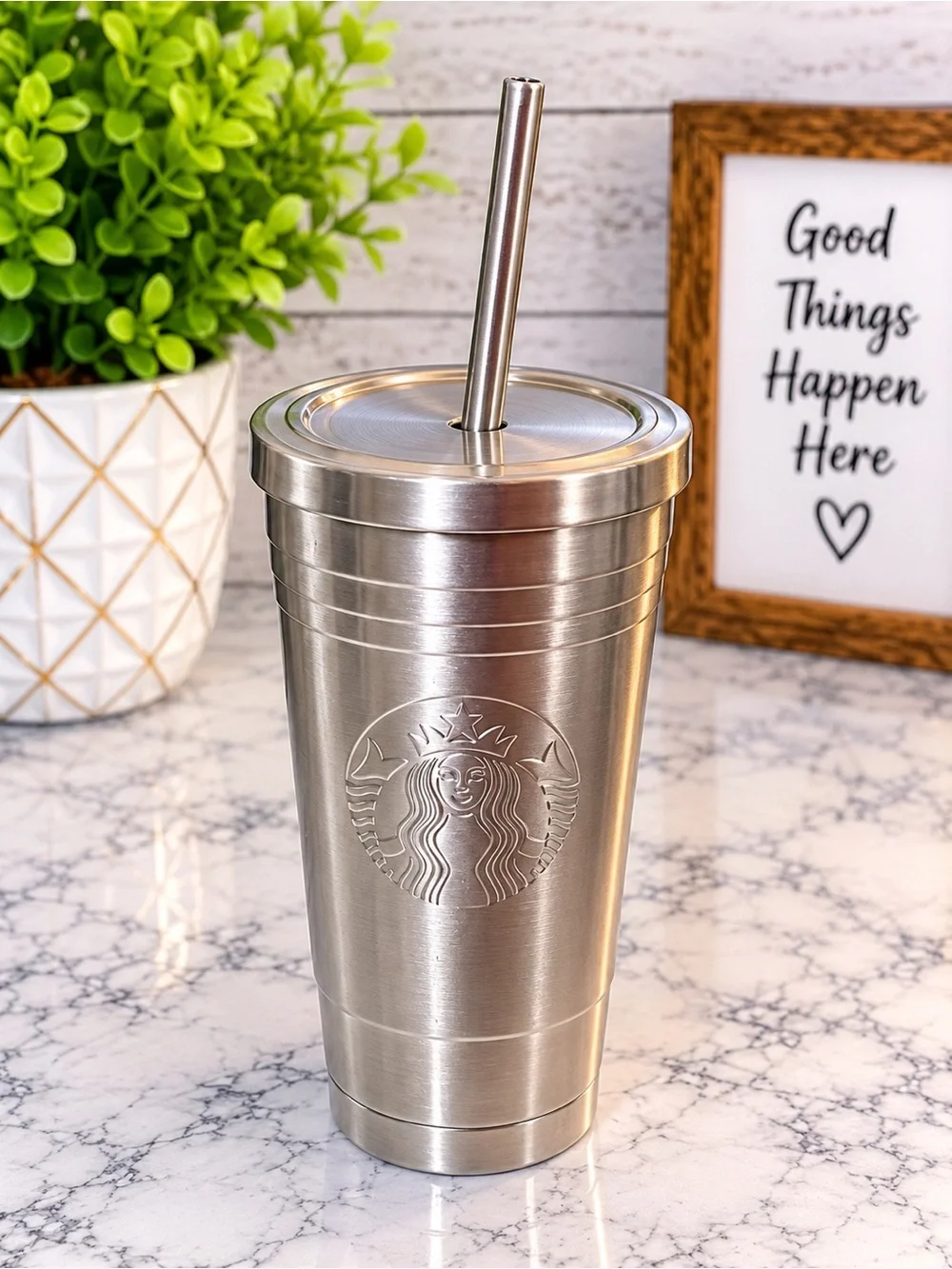 Starbucks 20oz Stainless Steel Tumbler Brushed Silver Metal Straw